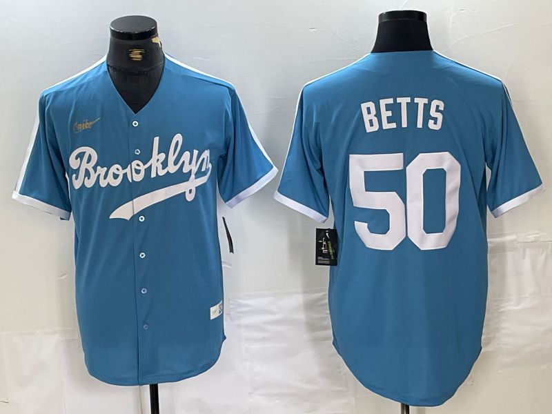 Men Los Angeles Dodgers 50 Betts Light blue Throwback 2024 Nike MLB Jersey style 1